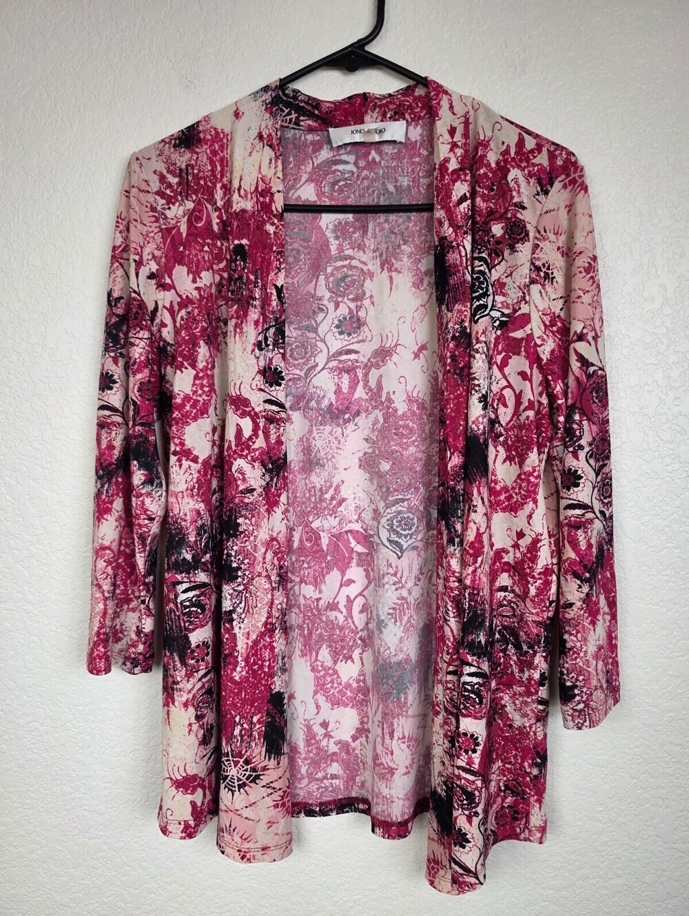 Jones Studio Pink Black Floral Open Front Cardigan Medium